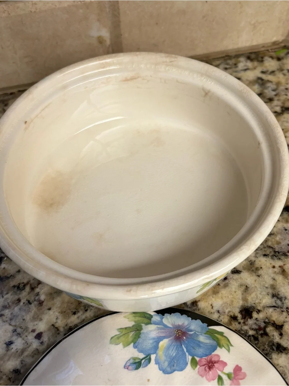 White Ceramic Covered Casserole with Pink, Blue and Yellow Floral Design